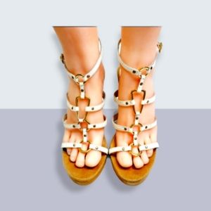 WILD PAIR White Strappy wedge, with gold hardware.